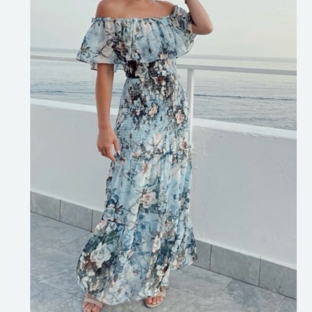 Baltic Born Amalfi Smocked Maxi‎ Dress Blue Floral - Picture 3 of 8